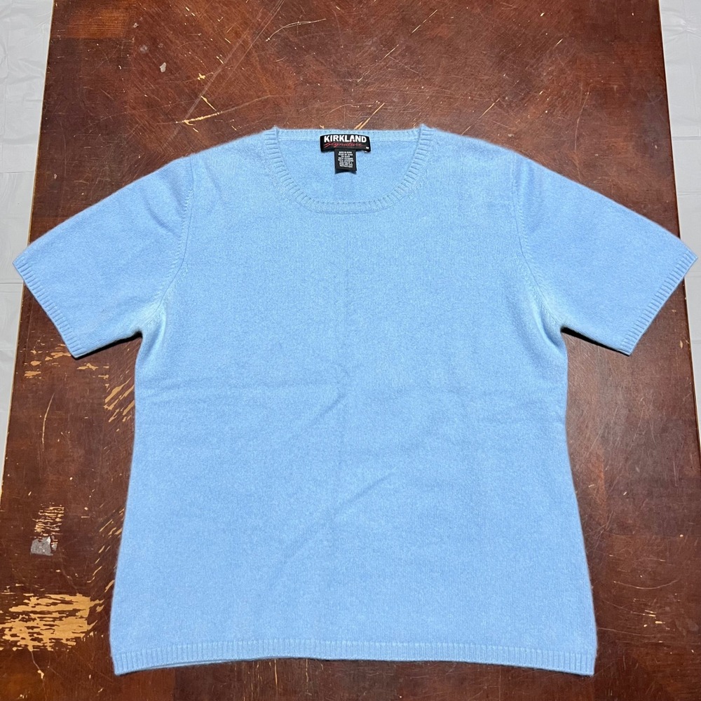 Kirkland Signature Womens Light Blue 100% Cashmere Short Sleeve Sweater Large